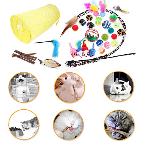 Juguetes para Gatos, 28PCS Juguetes para Paquete de Variedad para Gatitos, Set di Juguetes para Gatos Interactivo Ratón,Juguetes para Gatos con Plumas túnel
