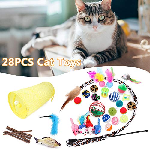 Juguetes para Gatos, 28PCS Juguetes para Paquete de Variedad para Gatitos, Set di Juguetes para Gatos Interactivo Ratón,Juguetes para Gatos con Plumas túnel