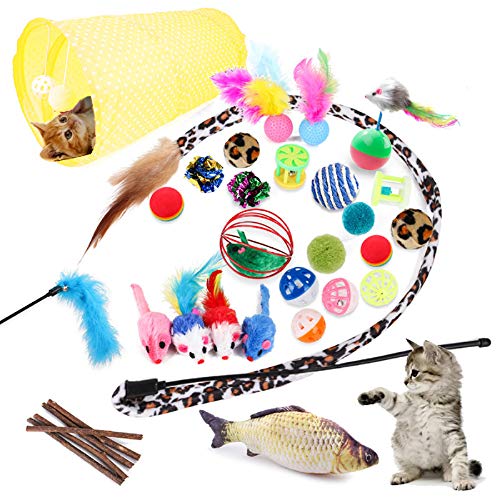 Juguetes para Gatos, 28PCS Juguetes para Paquete de Variedad para Gatitos, Set di Juguetes para Gatos Interactivo Ratón,Juguetes para Gatos con Plumas túnel