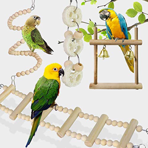 Juguetes para Pájaros , CAMITER 8 Piezas Pájaros Juguetes con Campanas, Escalera de madera, Columpios, Juguetes para Masticar para pequeños y medianos loros de aves