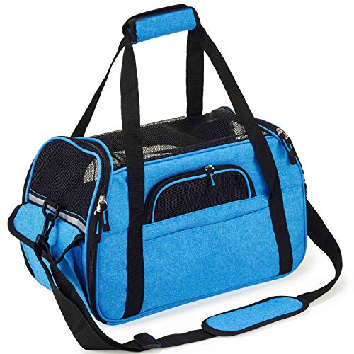 Kaka mall Transportín Perro Gato Transpirable Plegable Pet Carrier Impermeable Bolso de Hombro Acolchado Suave Viaje Avion Tren o Auto por Pequeños Mascota (Azul, L)