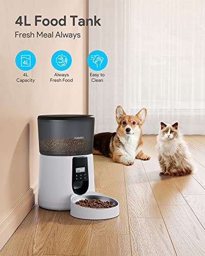 KATALIC Alimentador automático para gatos y perros, alimentador automático metálico con grabadora de voz, dispensador de comida seca de 4 L, cuenco de acero inoxidable con comida programable y porción
