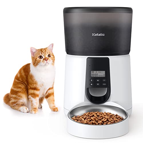 KATALIC Alimentador automático para gatos y perros, alimentador automático metálico con grabadora de voz, dispensador de comida seca de 4 L, cuenco de acero inoxidable con comida programable y porción