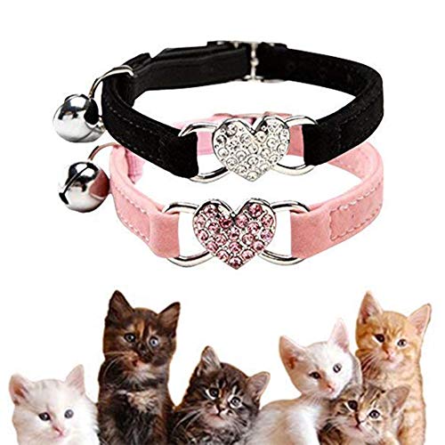 Kingkindsun Collares para Gatos con la Campana y del Cristal del corazón Suministros Linda del Animal doméstico,Negro+Rosa