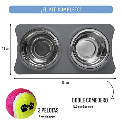 Kit de Comedero Doble de Acero Inoxidable más Pelotas de Juguete para Perros Pequeños y Medianos. Tazón Doble para Comida y Agua para Mascotas y 3 Pelotas de Tenis. (Gris)