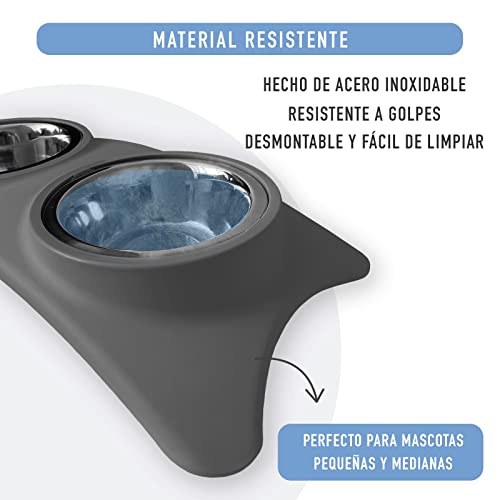Kit de Comedero Doble de Acero Inoxidable más Pelotas de Juguete para Perros Pequeños y Medianos. Tazón Doble para Comida y Agua para Mascotas y 3 Pelotas de Tenis. (Gris)