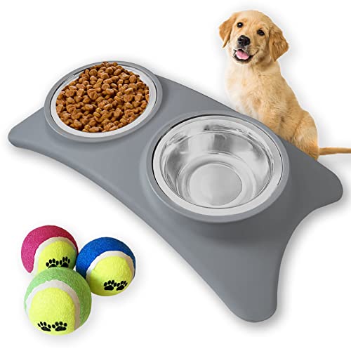 Kit de Comedero Doble de Acero Inoxidable más Pelotas de Juguete para Perros Pequeños y Medianos. Tazón Doble para Comida y Agua para Mascotas y 3 Pelotas de Tenis. (Gris)