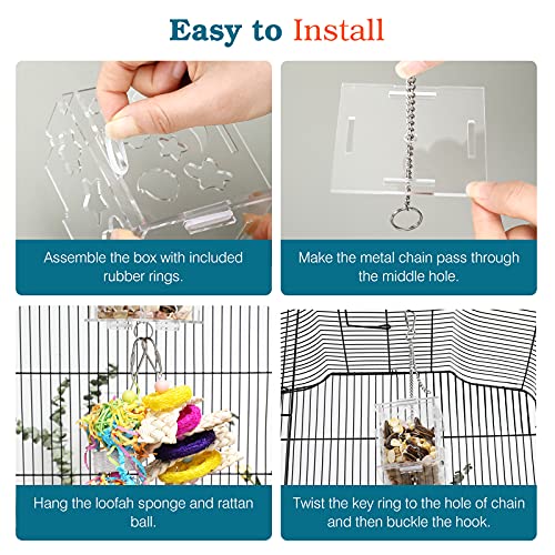 Lewondr 3PZS Juguete Colgante para Pájaro, Juguete Creativo de Comedero con Caja Transparente de Alimento y Ratán Masticadora para Jaula, Alimentador Intelectual para Mascotas Loro Ave