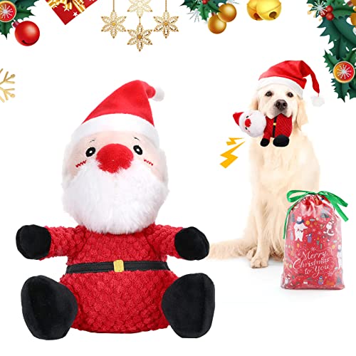 Lewondr Juguete de Peluche para Mascotas, Juguetes Chirriantes en Forma de Papá Noel, Muñeco Interactivo Perros Cachorros Gatos para Morder Entrenamiento Diversión Juego Masticar - Rojo