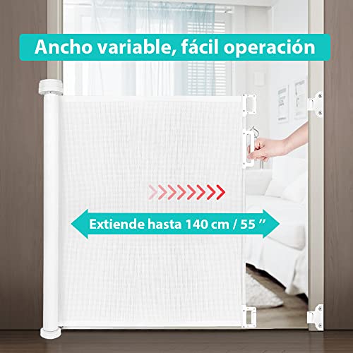 Looxii Barrera Puertas de Seguridad Niños 0-140 cm Retráctil Bebé Puerta Seguridad Extensibles Barreras Escalera Vallas para Puerta y Escalera Blanca