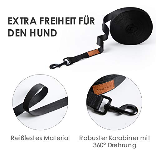 Looxmeer Correa de Adiestramiento para Perros, 5m / 10m / 15m / 20m / 25m / 30m Correa Perro Larga, Cuerda para Perros Manos Libres, Correa Resistente Fuerte para Camping Paseo, Negro