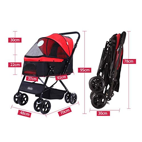 LXYPLM Silla Paseo Perros Plegable Perro Travel Cochecito Ventana Frontal de Malla Pet Travel Cochecito Plegable Silla de Paseo Perro del Gato del Cochecito de niño del Basculador Buggy 4 Ruedas Rojo