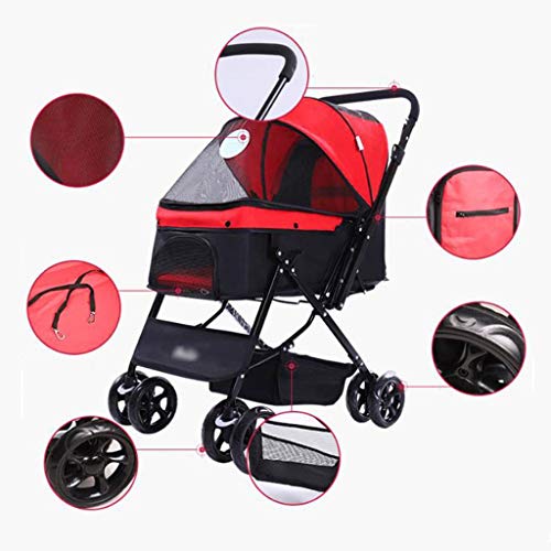 LXYPLM Silla Paseo Perros Plegable Perro Travel Cochecito Ventana Frontal de Malla Pet Travel Cochecito Plegable Silla de Paseo Perro del Gato del Cochecito de niño del Basculador Buggy 4 Ruedas Rojo
