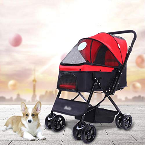 LXYPLM Silla Paseo Perros Plegable Perro Travel Cochecito Ventana Frontal de Malla Pet Travel Cochecito Plegable Silla de Paseo Perro del Gato del Cochecito de niño del Basculador Buggy 4 Ruedas Rojo