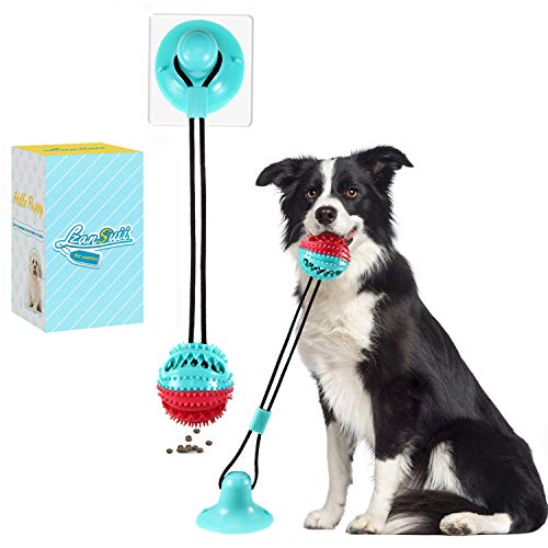 Lzansuii perros Juguete de masticar, con ventosa fija campana pequeña incorporada (con 1 adhesivo con ventosa), bola dispensadora de alimentos para perros gatos cuidado dental dlimpieza dientes