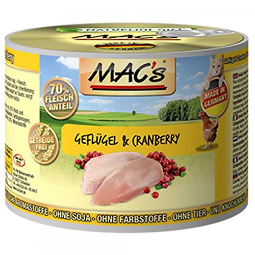 MACs Comida para gatos y aves de corral y arándano, 6 x 200 g, sin cereales