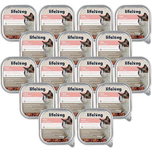Marca Amazon - Lifelong Cat Food - Paté con salmón, Paquete de 16 x 100g