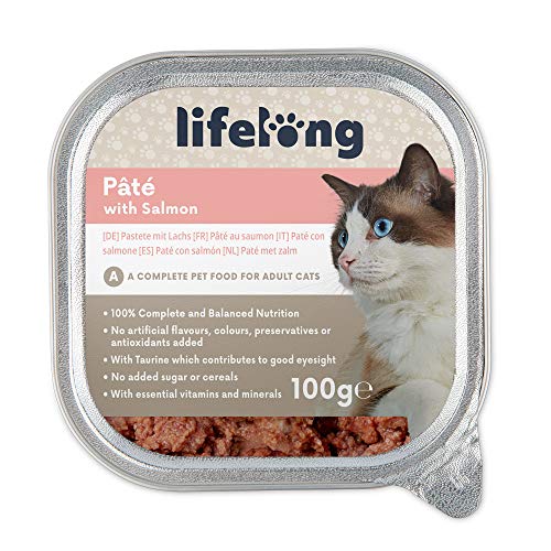 Marca Amazon - Lifelong Cat Food - Paté con salmón, Paquete de 16 x 100g