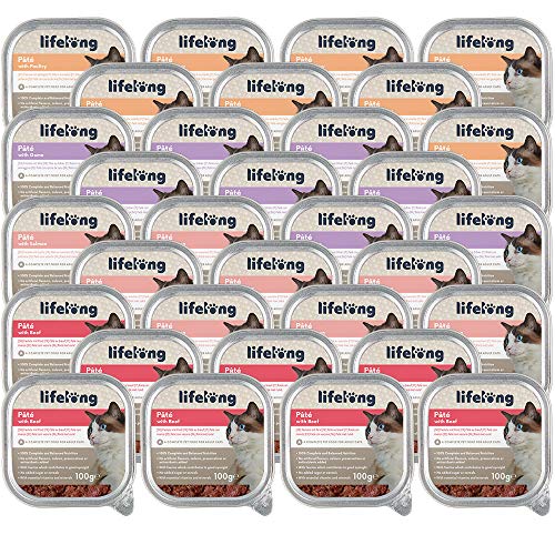 Marca Amazon - Lifelong Cat Food - Surtido de patés, Paquete de 32 x 100g