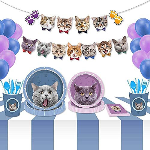 Memyme 254 Piezas de Suministros para Fiestas de Gatos y Mascotas, Incluyen Platos de Cena, Platos de Postre, Tazas, servilletas, pajitas, Decoraciones de Fiesta Desechables para Fiestas temáticas