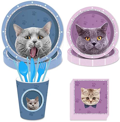Memyme 254 Piezas de Suministros para Fiestas de Gatos y Mascotas, Incluyen Platos de Cena, Platos de Postre, Tazas, servilletas, pajitas, Decoraciones de Fiesta Desechables para Fiestas temáticas