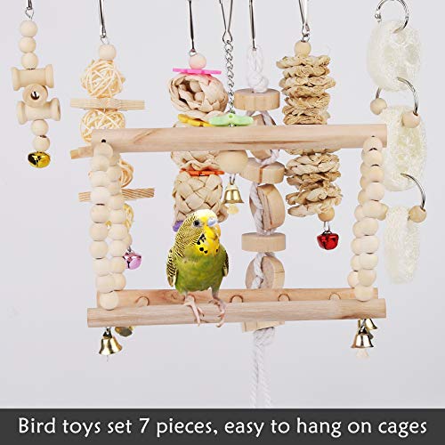Mitening Juguetes para Pájaros, 7 Piezas Pájaros Juguetes con Campanas, Escalera de Madera, Columpios, Hamaca de Madera, Juguetes para Periquitos Cockatiels Cacatúas Conures Pinzones Agapornis
