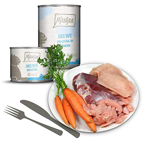 MjAMjAM Comida húmeda prémium para Gatos-Delicado Pato y Aves de Corral en deliciosas Zanahorias, Pack de 6 (6 x 400 g), sin Cereales con Mucha Carne, 2400 g