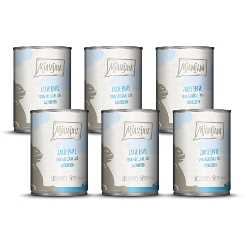 MjAMjAM Comida húmeda prémium para Gatos-Delicado Pato y Aves de Corral en deliciosas Zanahorias, Pack de 6 (6 x 400 g), sin Cereales con Mucha Carne, 2400 g