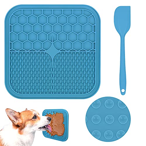 Morfone tapete para lamer perro, 21cm * 21cm tapete para lamer perro con 1 espátula de silicona, tapete para lamer perro grande con succión súper fuerte, sin BPA, 1 pieza（azul）
