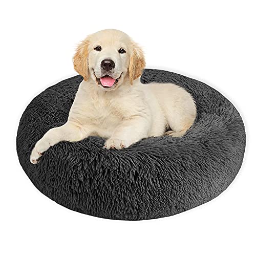 Nasjac Cama calmante para Mascotas, Nido de Mimbre para Donuts Cojín de Felpa Suave y cálido para Perros con Esponja acogedora Parte Inferior Antideslizante para Mascotas (L(70Cm), Gris Oscuro)