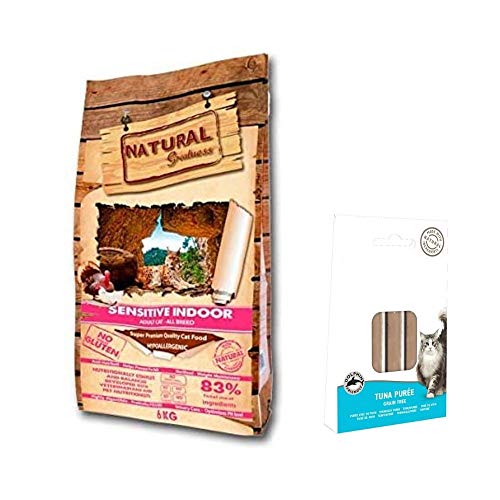 Natural Greatness - Pienso Natural No Gluten Gatos Senior Esterilizados o de Interior Saco 6 Kg - Incluye 8 Snacks Naturales de Atún