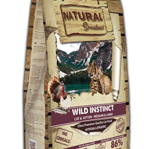 Natural Greatness - Pienso para Gatos Natural Sin Cereales Wild Instinct Gatitos y Adultos con Malta para prevenir Bolas de Pelo Saco 6kg | ANIMALUJOS
