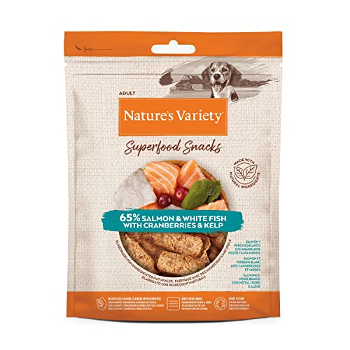Natures variety Superfood - Snacks para Perros Adultos con salmón, arándanos Rojos y Algas 85g x 8