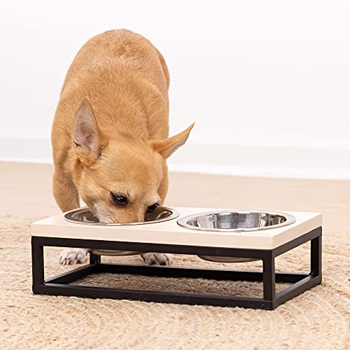 Navaris Comedero y Bebedero para Mascota - 2X Bol Elevado para Perros Gatos - Comedero Doble metálico - Boles con Soporte Antideslizante de Madera