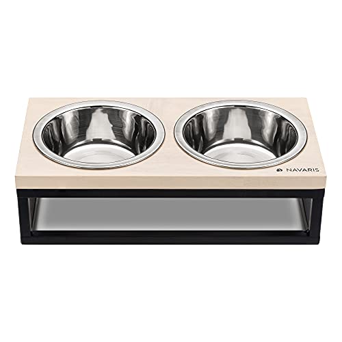 Navaris Comedero y Bebedero para Mascota - 2X Bol Elevado para Perros Gatos - Comedero Doble metálico - Boles con Soporte Antideslizante de Madera