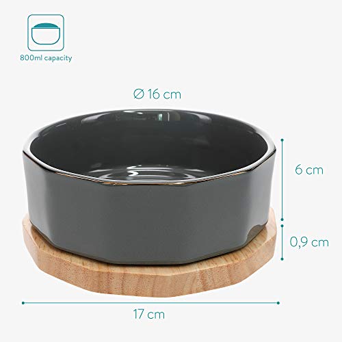 Navaris Comedero y Bebedero para Mascotas - 2X Bol Elevado para Perro Cachorro Gato - Boles de cerámica con Base de Madera para Mascota - Lila y Gris