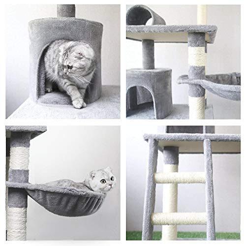 Nobleza - Árbol rascador para Gatos Deluxe con Plataformas múltiples, Poste de sisal, Cueva de Descanso y Hamaca. Color Gris y Beige. (59 * 59 * 156) cm