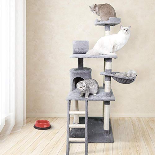 Nobleza - Árbol rascador para Gatos Deluxe con Plataformas múltiples, Poste de sisal, Cueva de Descanso y Hamaca. Color Gris y Beige. (59 * 59 * 156) cm