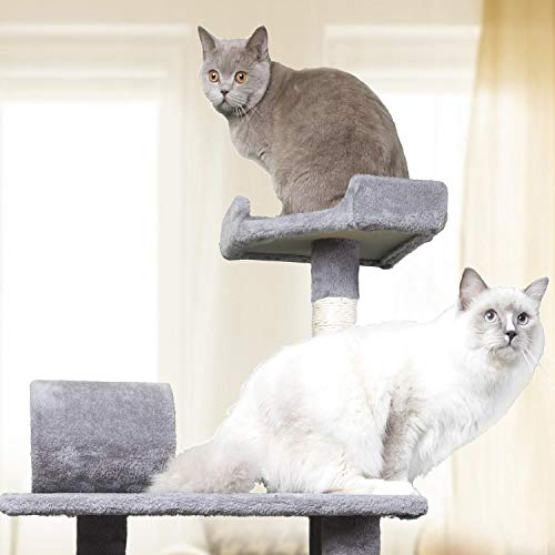 Nobleza - Árbol rascador para Gatos Deluxe con Plataformas múltiples, Poste de sisal, Cueva de Descanso y Hamaca. Color Gris y Beige. (59 * 59 * 156) cm