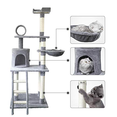 Nobleza - Árbol rascador para Gatos Deluxe con Plataformas múltiples, Poste de sisal, Cueva de Descanso y Hamaca. Color Gris y Beige. (59 * 59 * 156) cm
