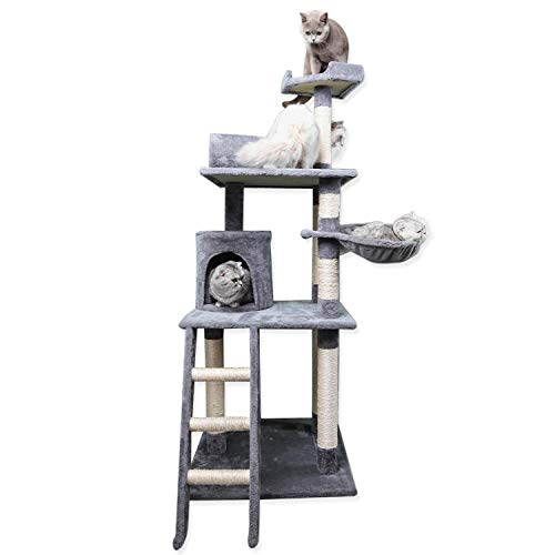 Nobleza - Árbol rascador para Gatos Deluxe con Plataformas múltiples, Poste de sisal, Cueva de Descanso y Hamaca. Color Gris y Beige. (59 * 59 * 156) cm