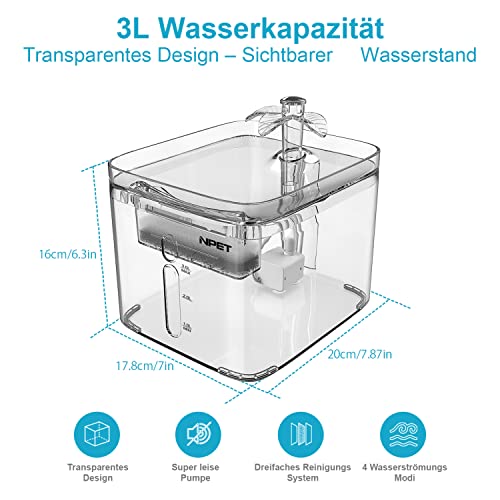 NPET Dispensador de agua automático para gatos y perros con sensor de agua transparente para gatos con filtro de repuesto, eléctrico, extremadamente silencioso 3L WF020TP