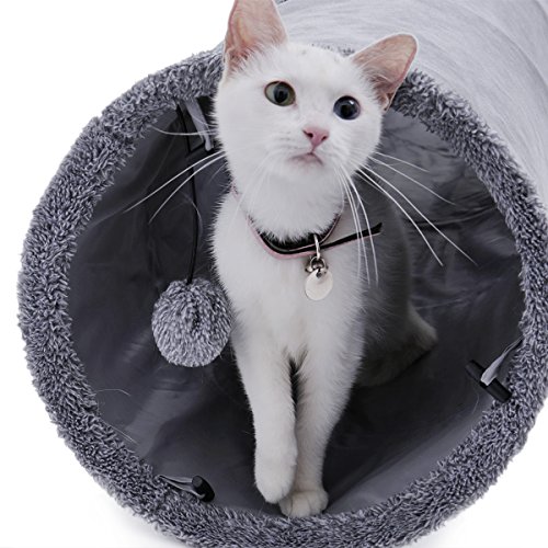 OHANA Juguete Plegable túnel de Gato en Gamuza, Gran túnel para Gato de Interior Conejos con 2 Agujeros y Bola suspendida Dia30 * 130 cm