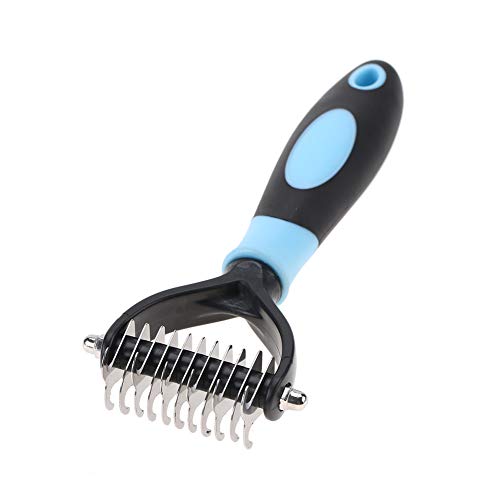 Oumefar Cepillo Profesional de Peine de Nudo de Acero Inoxidable para el Cuidado de Mascotas con rastrillo de Capa Inferior de 2 Lados para Gatos y Perros(Azul)