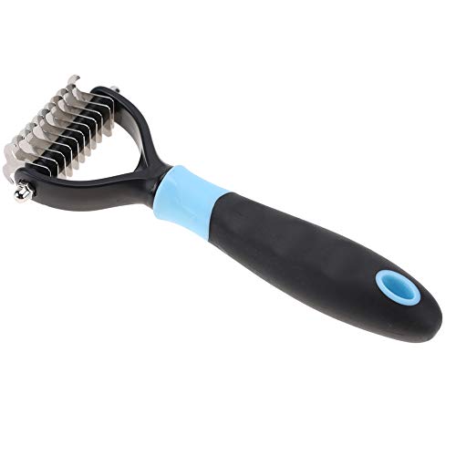 Oumefar Cepillo Profesional de Peine de Nudo de Acero Inoxidable para el Cuidado de Mascotas con rastrillo de Capa Inferior de 2 Lados para Gatos y Perros(Azul)