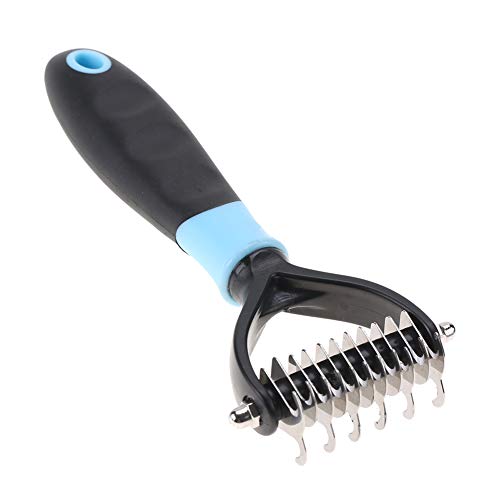 Oumefar Cepillo Profesional de Peine de Nudo de Acero Inoxidable para el Cuidado de Mascotas con rastrillo de Capa Inferior de 2 Lados para Gatos y Perros(Azul)