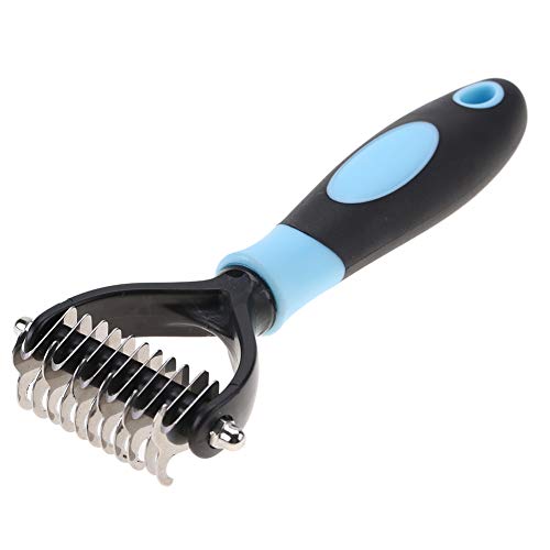 Oumefar Cepillo Profesional de Peine de Nudo de Acero Inoxidable para el Cuidado de Mascotas con rastrillo de Capa Inferior de 2 Lados para Gatos y Perros(Azul)