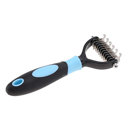Oumefar Cepillo Profesional de Peine de Nudo de Acero Inoxidable para el Cuidado de Mascotas con rastrillo de Capa Inferior de 2 Lados para Gatos y Perros(Azul)