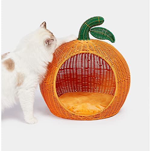 Ownlife Cama de Gato de Mimbre Hecho a Mano Ratán Mascota Casa de Gato Casa de Gato con cojín Suave Casas de Canasta for Gatos de Interior y Perros pequeños Mascotas