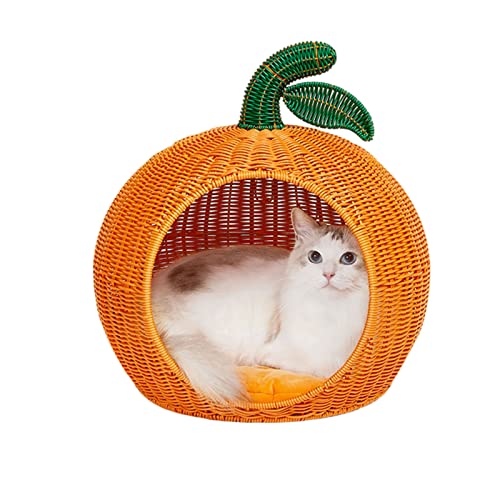 Ownlife Cama de Gato de Mimbre Hecho a Mano Ratán Mascota Casa de Gato Casa de Gato con cojín Suave Casas de Canasta for Gatos de Interior y Perros pequeños Mascotas